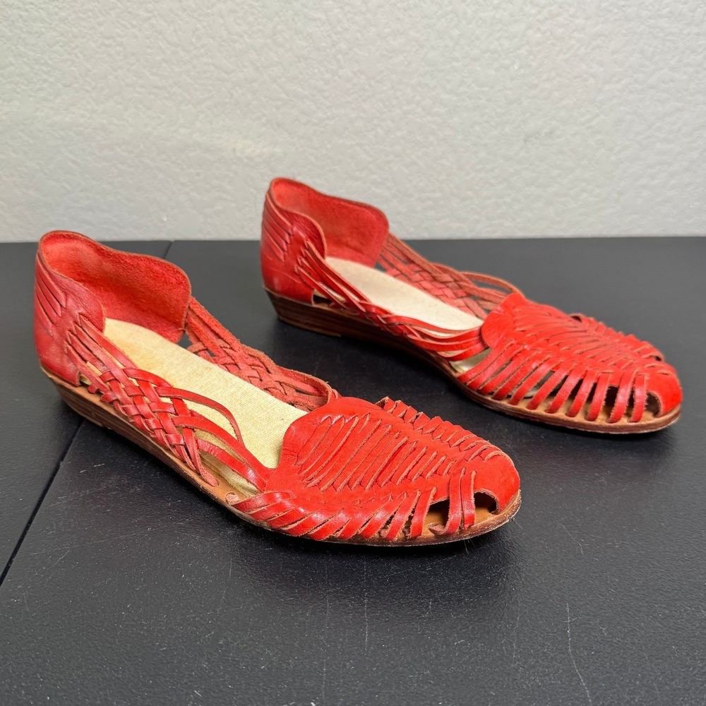 Unisa Vintage Red Woven Leather Huarache Sandals Peep Toe Flat Boho Shoes 8B